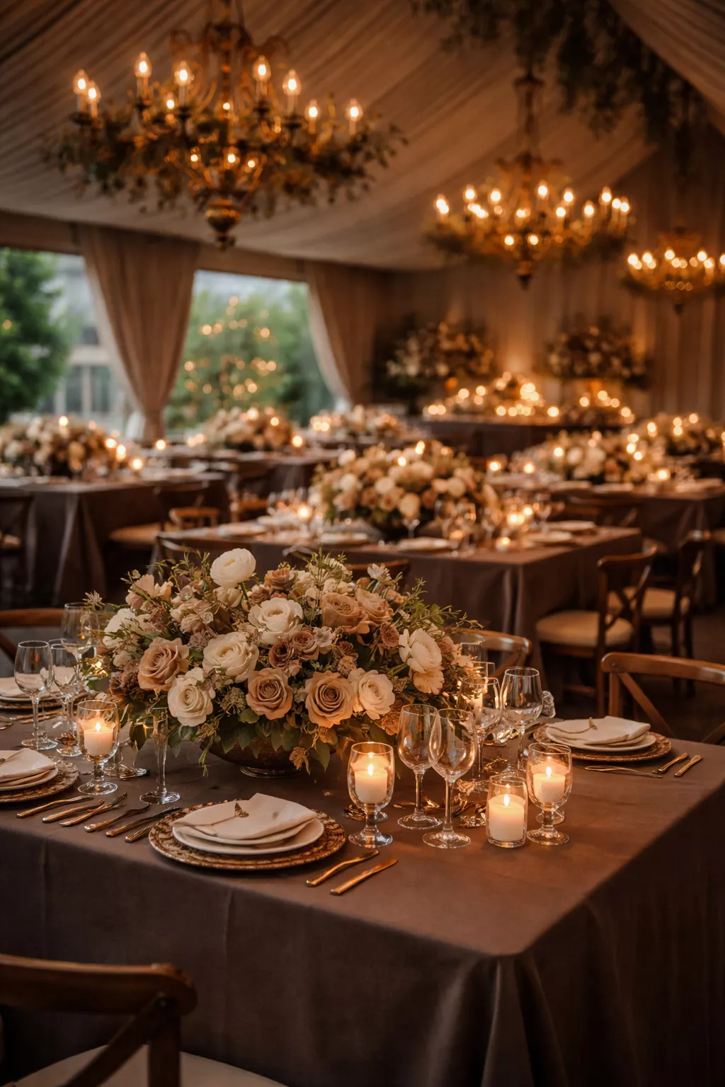 Earthy Brown Warmth A realistic photo of a sophisticated residential style wedding reception with espresso brown linens, portobello mushroom hued florals, and rich dark wood tables.