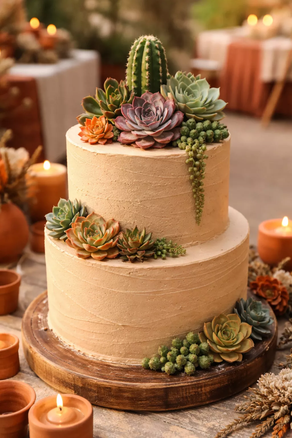Succulent Cactus Topper Cake A realistic photo of a two-tiered sand-colored wedding cake topped with realistic mini edible succulents and a small cactus, set in a desert-themed reception with terracotta accents.