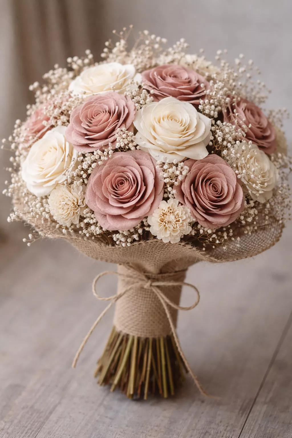 A realistic photo of a bouquet made of cream and dusty rose sola wood flowers, accented with dried baby's breath and wrapped in burlap.