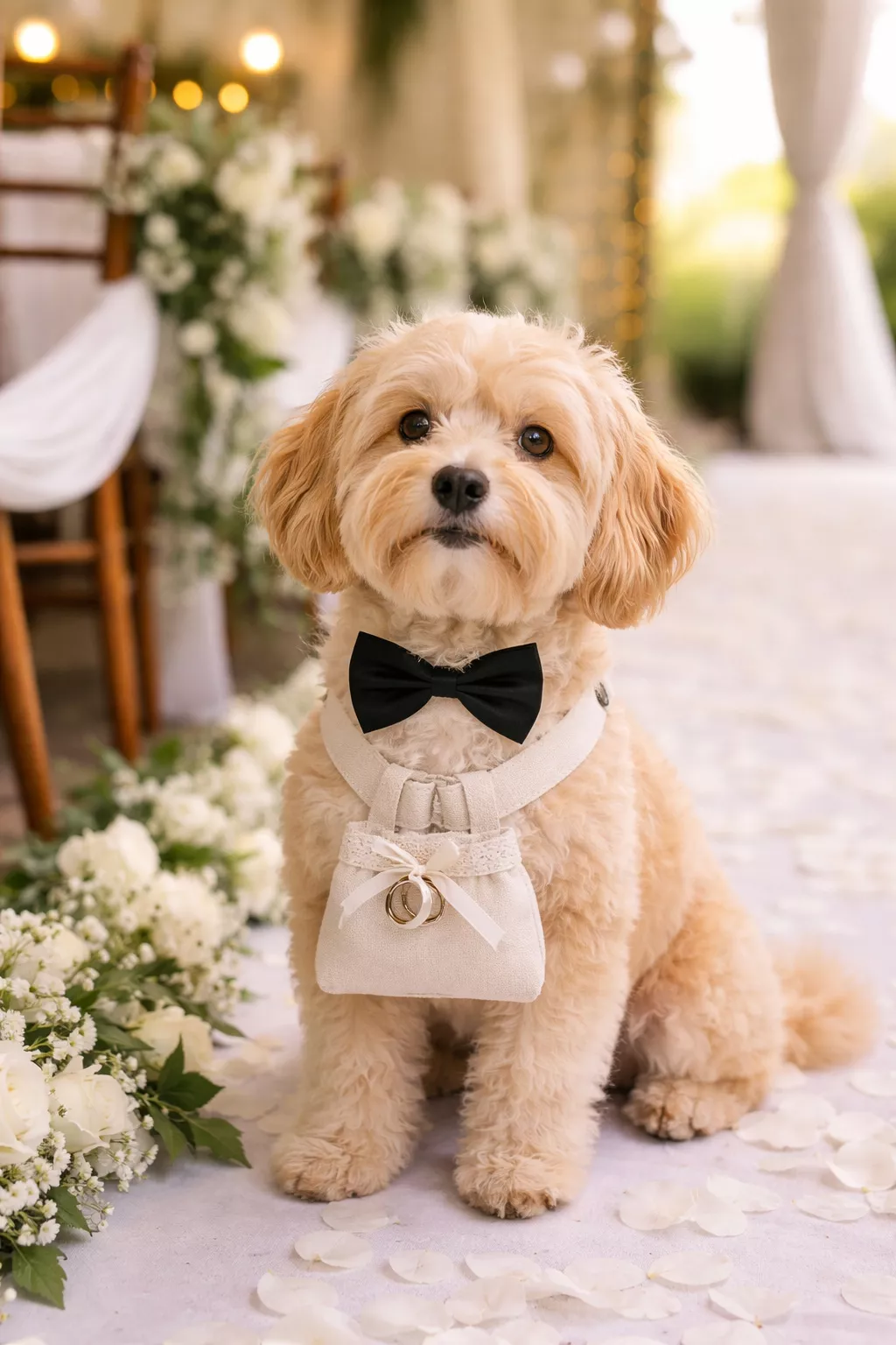 Pet-Inclusive Ceremony Moments A realistic photo of a dog wearing a small black bowtie and a ring bearer pouch sitting near a wedding aisle.
