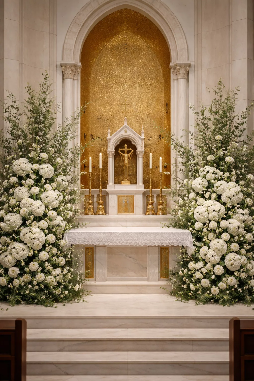 A realistic photo of a church altar flanked by two massive asymmetrical floral installations featuring white hydrangeas, roses, and tall green branches.