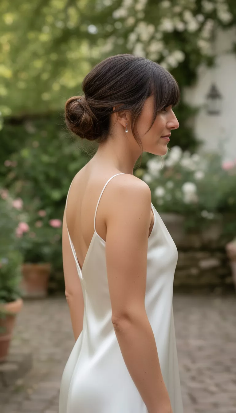 casual photo of a 32-year-old bride wearing a minimalist silk slip wedding dress with a Sleek Bun with Wispy Bangs, side view, shot with an iPhone 15 Pro Max