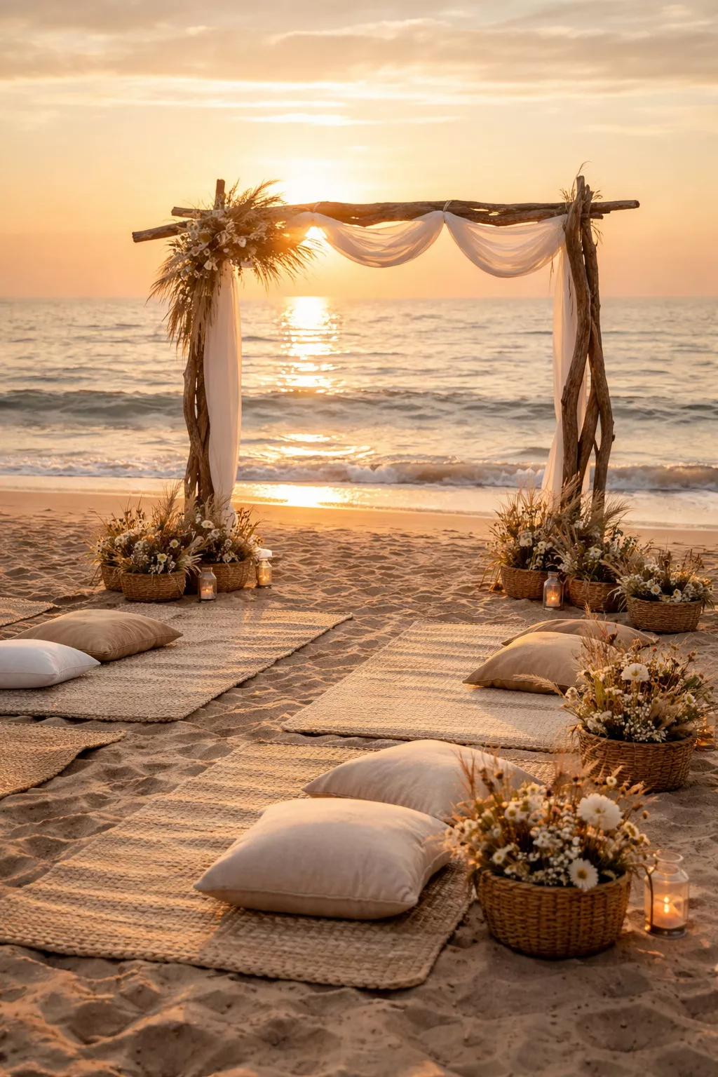 Scenic Beach Elopement A realistic photo of a sunset beach wedding scene with a simple driftwood arch, woven picnic blankets on the sand, and small baskets filled with native wildflowers and seashells.