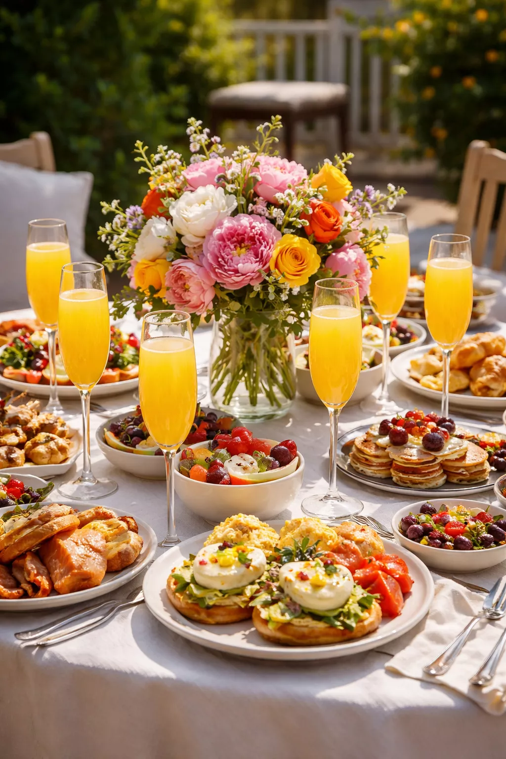 Multi-Day Micro-Celebration A realistic photo of a colorful brunch table with mimosa glasses and floral centerpieces set on a sunny patio.