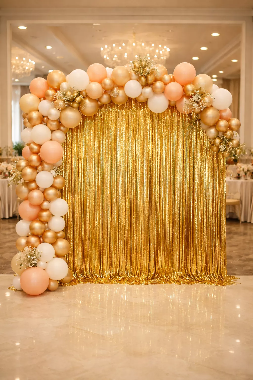 A realistic photo of a photo booth backdrop made of shimmering gold fringe curtains and a cluster of peach and white balloons, standing in a brightly lit reception hall.
