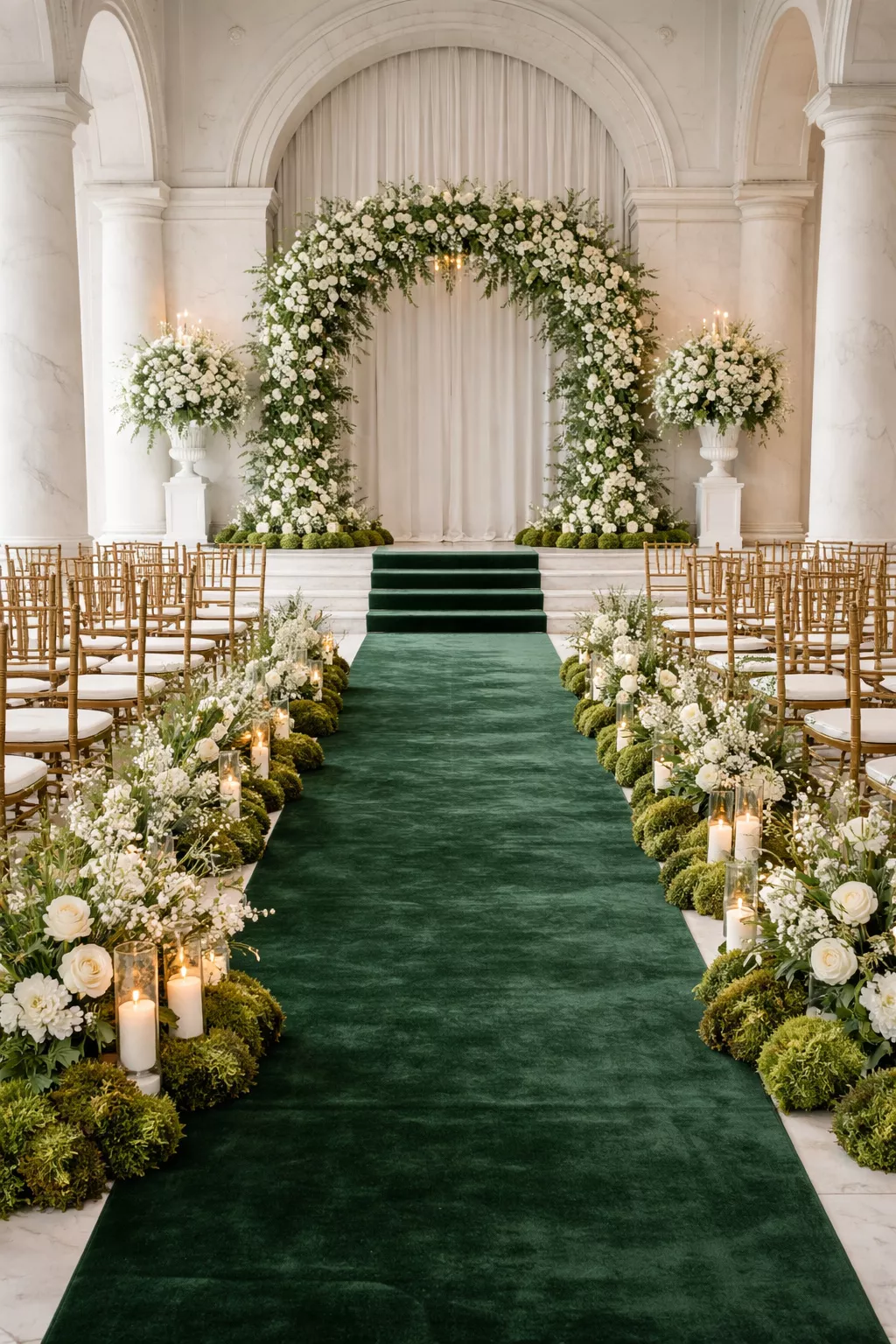 Hunter Green Classic A realistic photo of an elegant wedding ceremony with hunter green velvet aisle runners, mossy floral installations, and white marble accents.