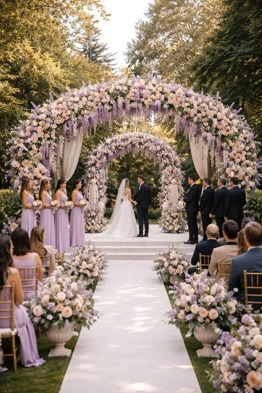Lilac Peach Magic A realistic photo of an enchanting garden wedding ceremony with lilac purple and peach floral arches and soft purple bridesmaid dresses.