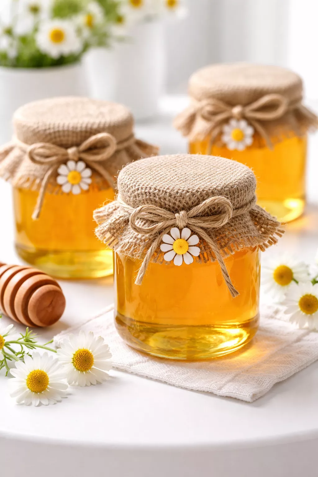 A realistic photo of small glass jars of golden honey with burlap lids and tiny yellow daisy charms on a white table.