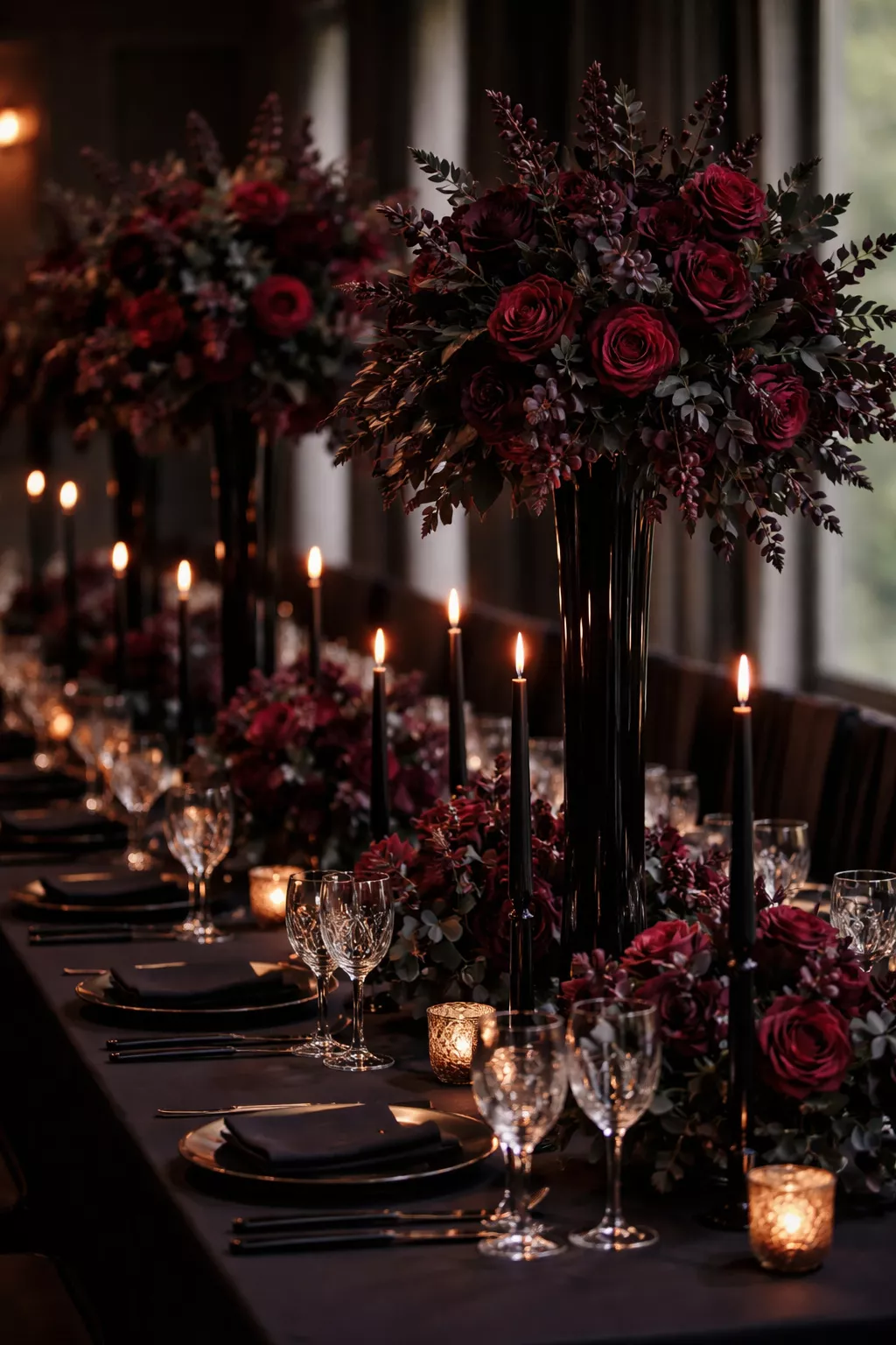 A realistic photo of a wedding table featuring black linens and tall vases filled with deep burgundy roses and dark greenery, with black taper candles.
