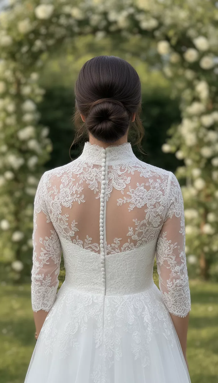 casual photo of a 38-year-old bride wearing a high-collar modest dress with a sleek French twist, back view, shot with an iPhone 15 Pro Max