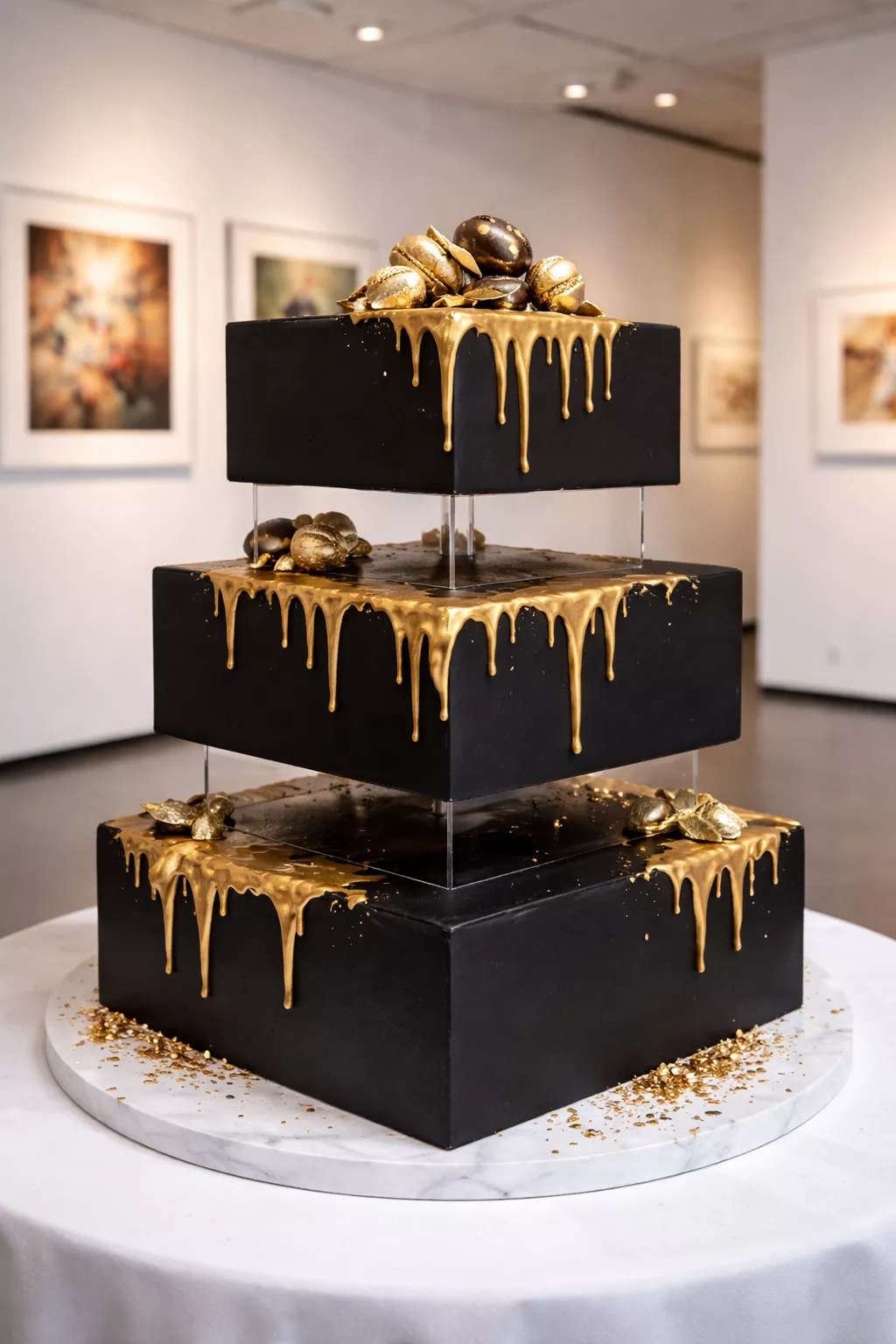 Separated Square Tiers Cake A realistic photo of three square black cake tiers separated by hidden acrylic spacers to create a floating effect, featuring gold ganache drizzles and set in a contemporary art gallery environment.
