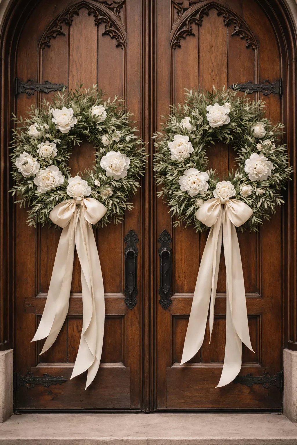 A realistic photo of heavy wooden church doors featuring two oversized matching wreaths made of fresh olive branches, white peonies, and long flowing cream silk ribbons.