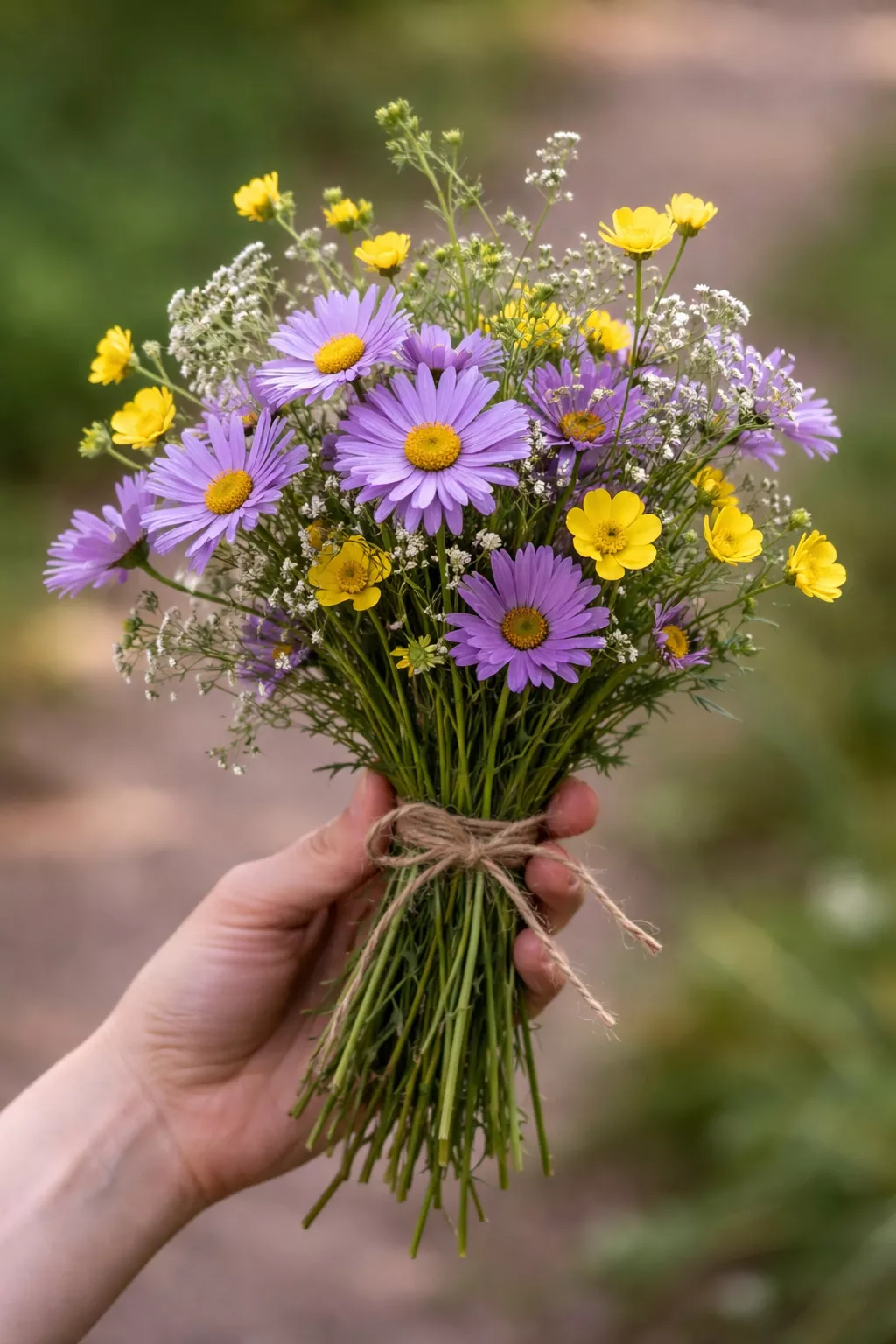 Wildflower Bouquets and Garlands A realistic photo of a messy handheld bouquet with purple daisies and yellow buttercups tied with a simple piece of brown twine.
