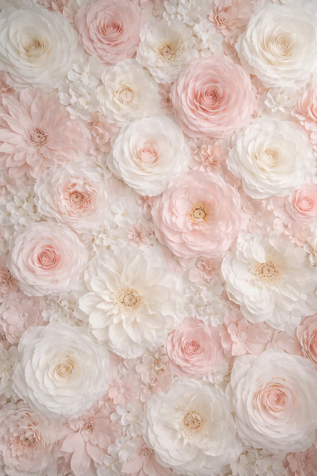 A realistic photo of a large wall covered in oversized white and soft pink crepe paper flowers of different designs, creating a textured 3D background.