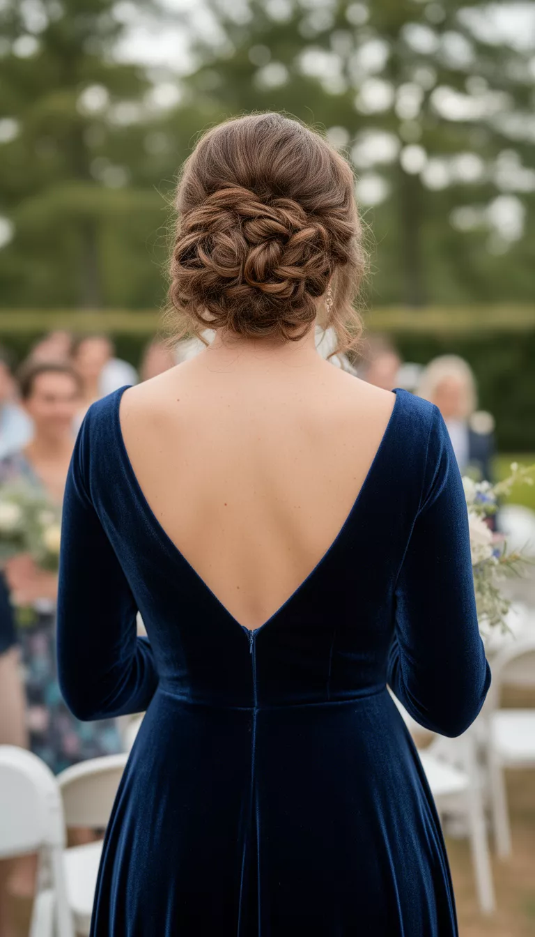 close-up casual photo of a 30-year-old wedding guest wearing a navy velvet evening gown with a tightly-curled updo, back view, shot with an iPhone 15 Pro Max