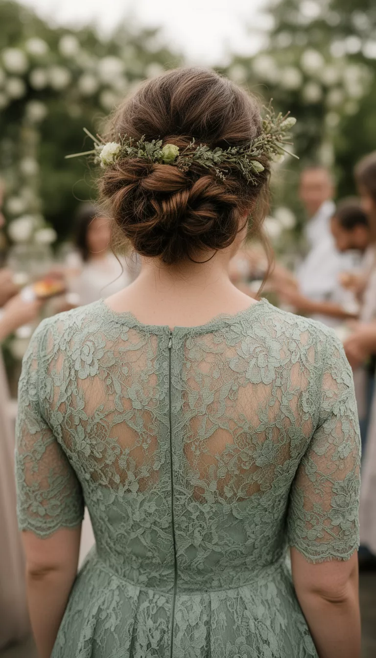close-up casual photo of a 35-year-old wedding guest wearing a sage green lace dress with an organic updo, back view, shot with an iPhone 15 Pro Max
