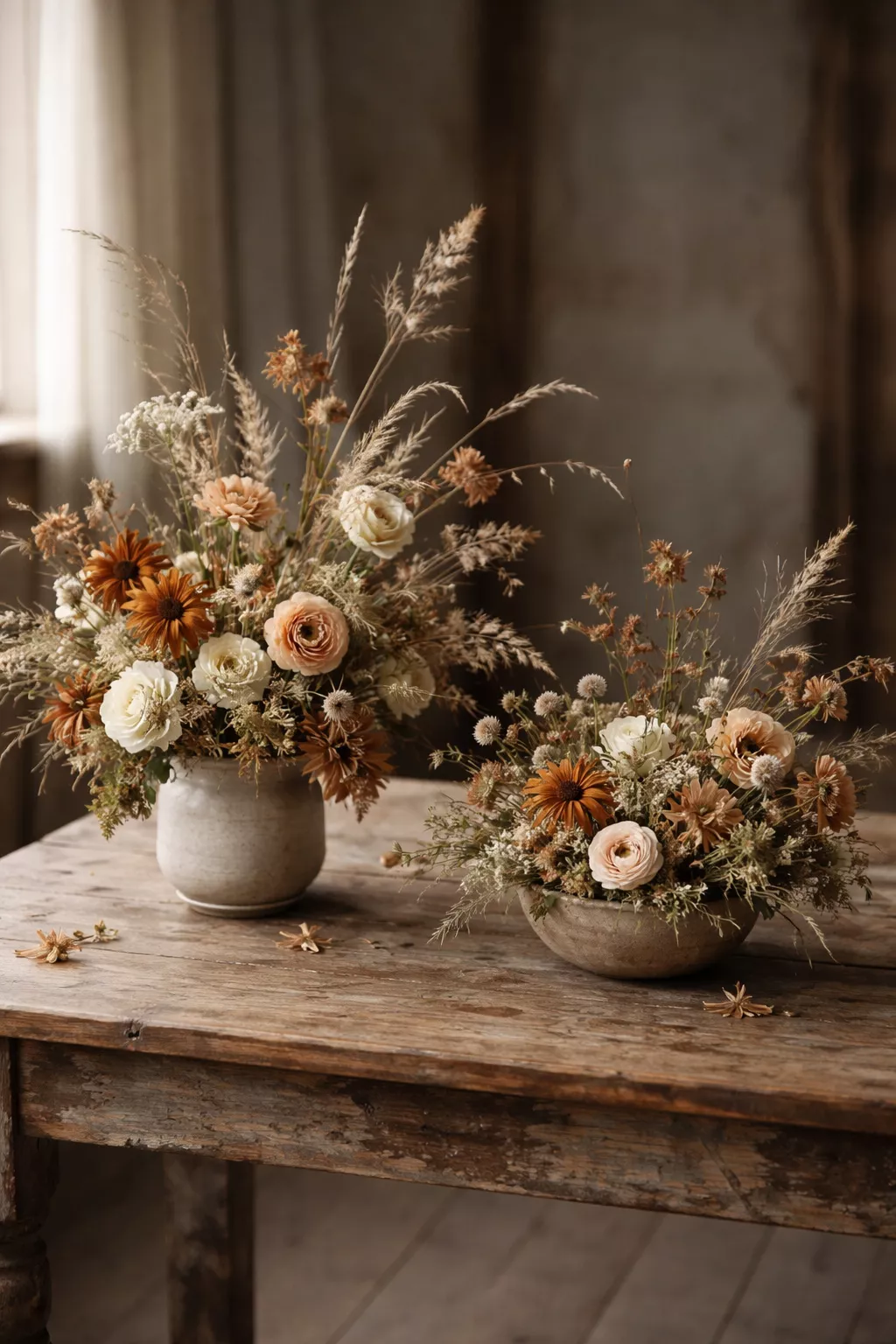 Meadowcore Natural Decor A realistic photo of asymmetric floral arrangements with earth-toned wildflowers placed on a distressed wooden table.