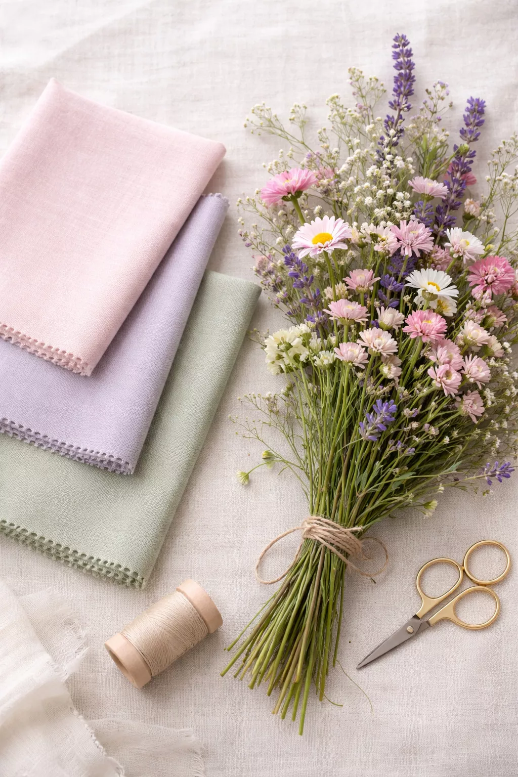 A realistic photo of a collection of fabric swatches in pastel pink, lavender, and sage green next to a bunch of fresh wildflowers.