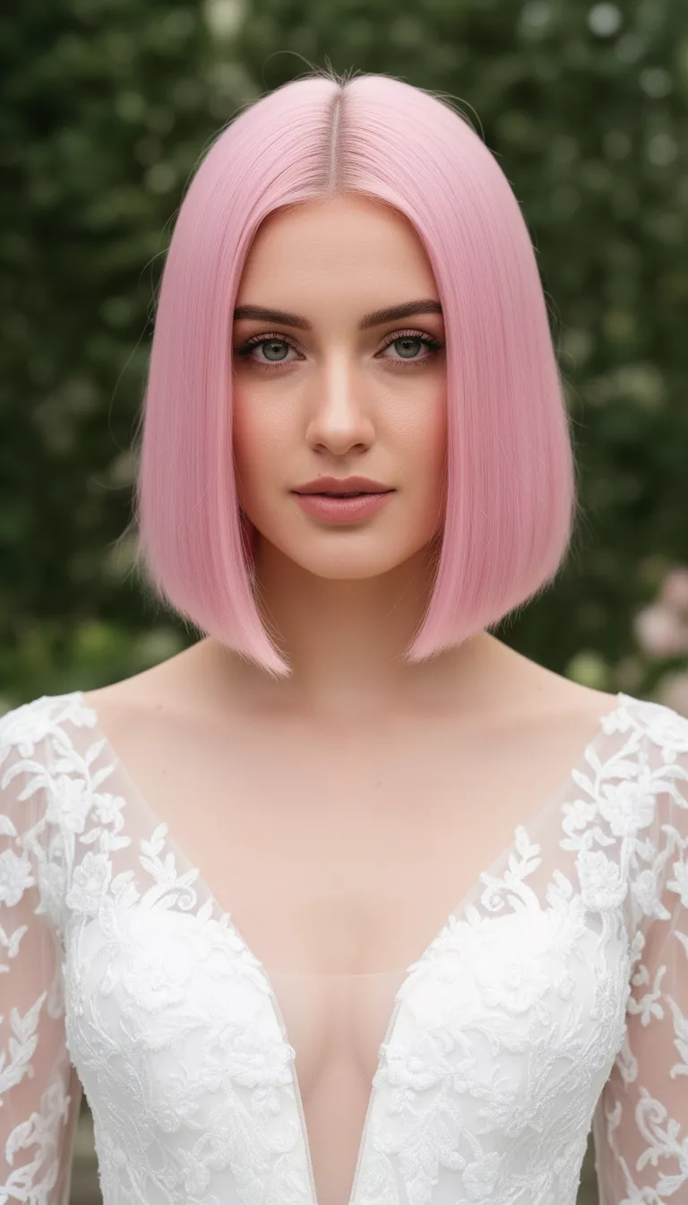 close-up casual photo of a 27-year-old bride wearing a white wedding dress with a sleek center-parted long bob in a soft pastel pink, shot with an iPhone 15 Pro Max