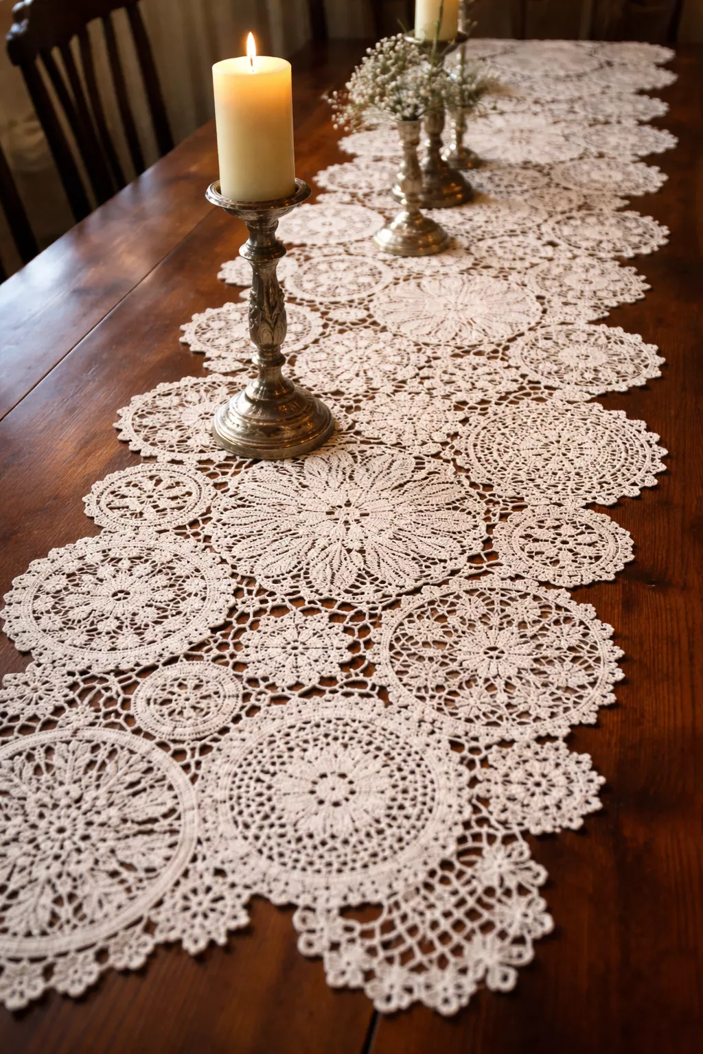 Lace Doily Table Runners A realistic photo of a long table runner made from overlapping white vintage lace doilies, laid over a dark wood table with antique silver candlesticks.