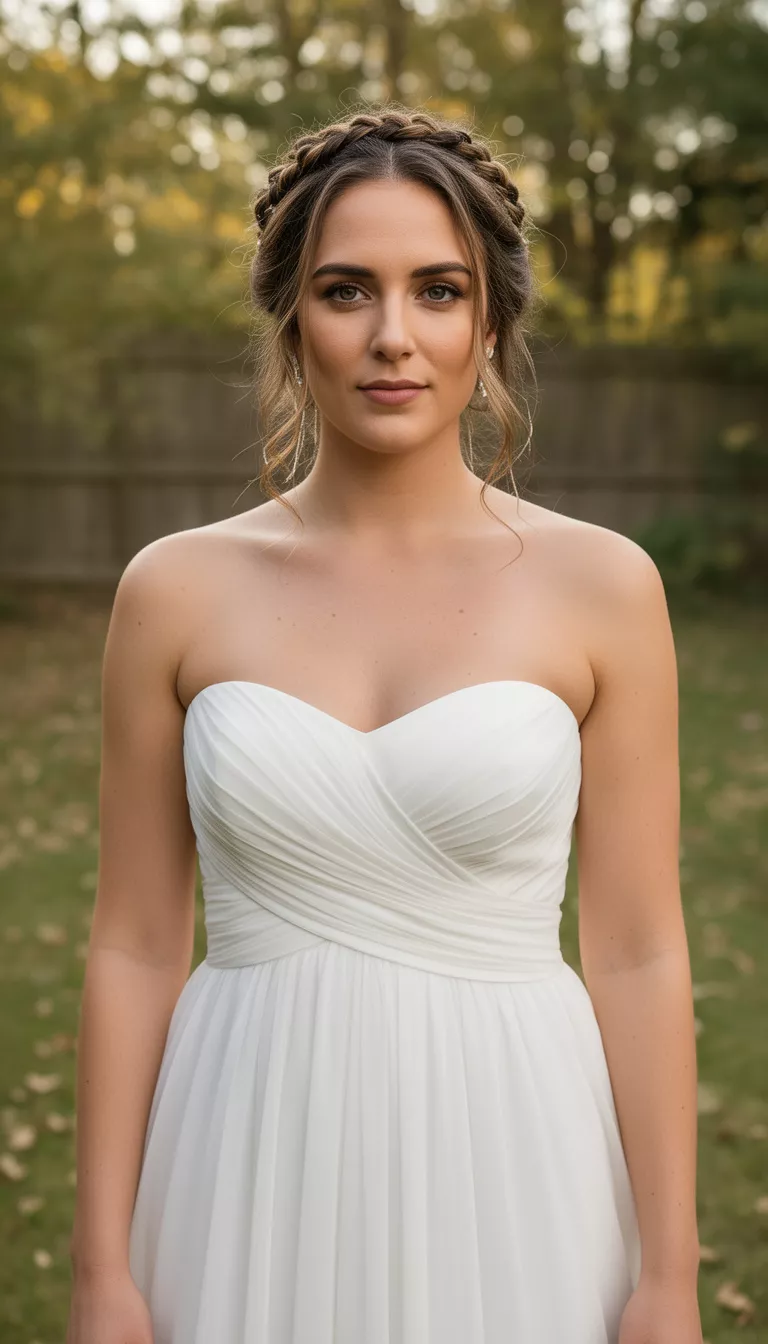 casual photo of a 25-year-old bride wearing a strapless Grecian wedding dress with a Braided Halo with Curtain Fringe, shot with an iPhone 15 Pro Max