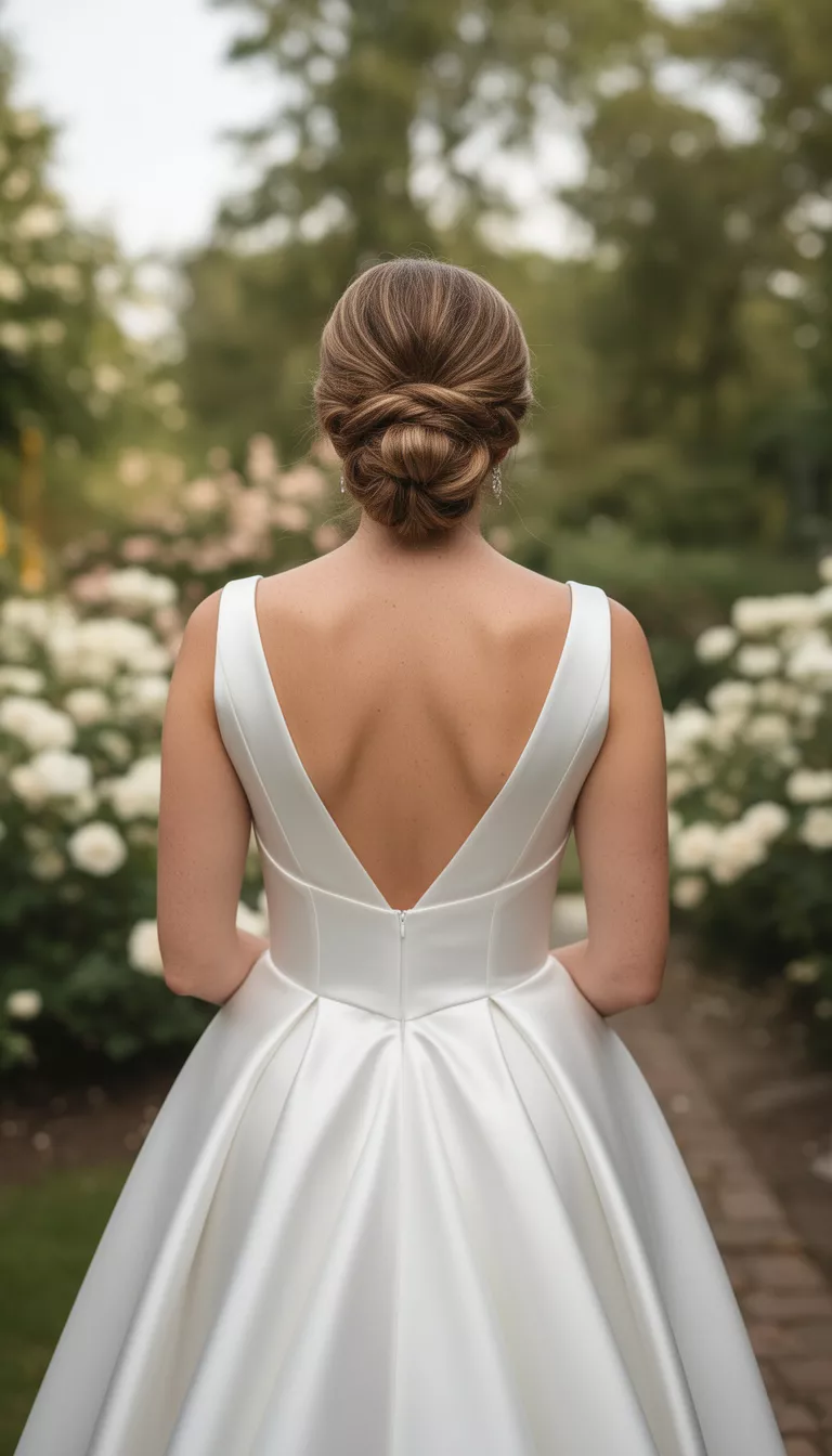 casual photo of a 41-year-old bride wearing a structured satin wedding dress with a sculpted low knot bun, back view, shot with an iPhone 15 Pro Max