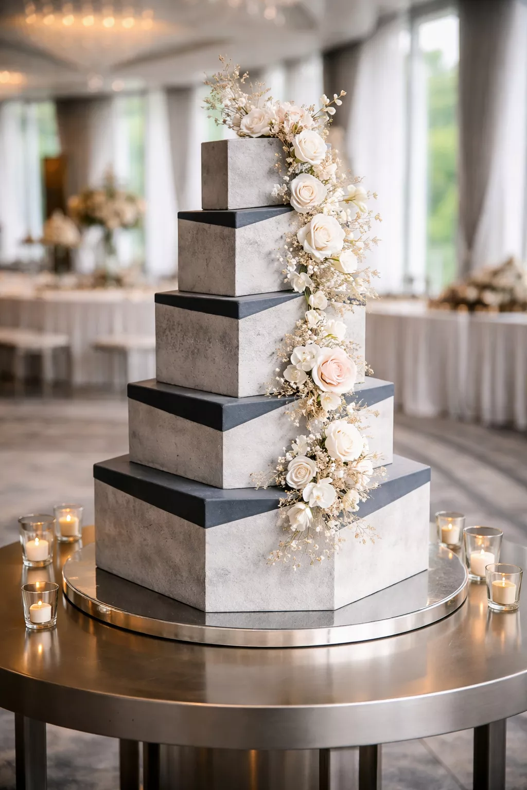 Hexagonal Dramatic Cake A realistic photo of a hexagonal tiered wedding cake with sharp charcoal edges and a textured light-gray finish, standing as a centerpiece on a modern metallic table.