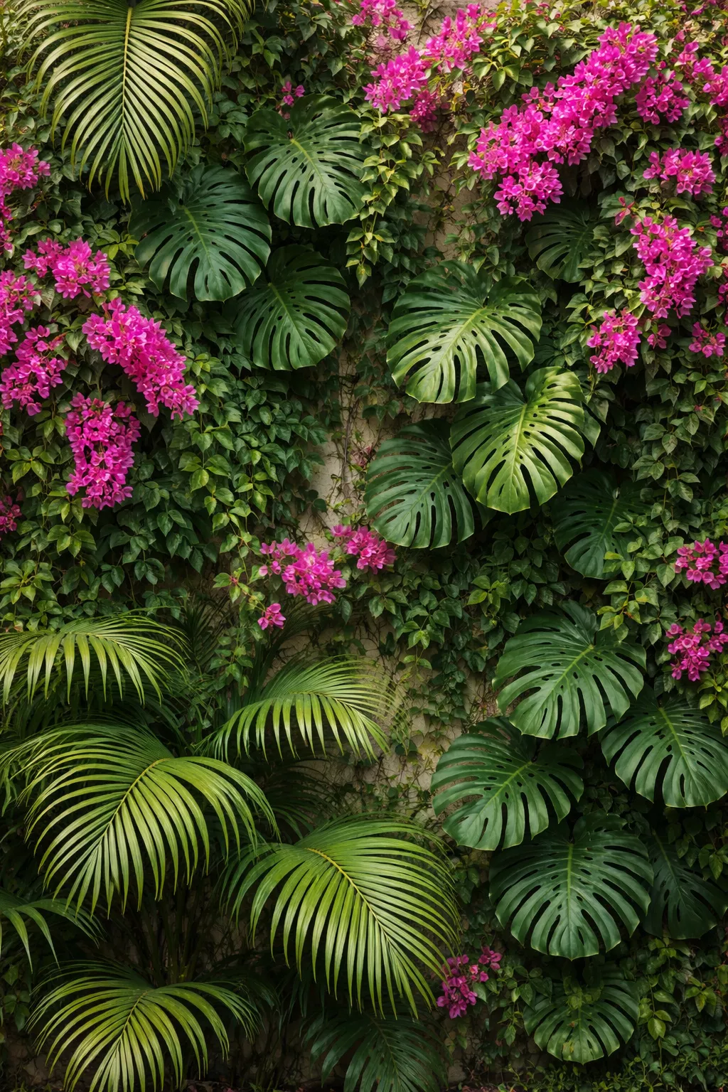 A realistic photo of a wall with green monstera leaves and pink bougainvillea flowers and large green palm fronds.
