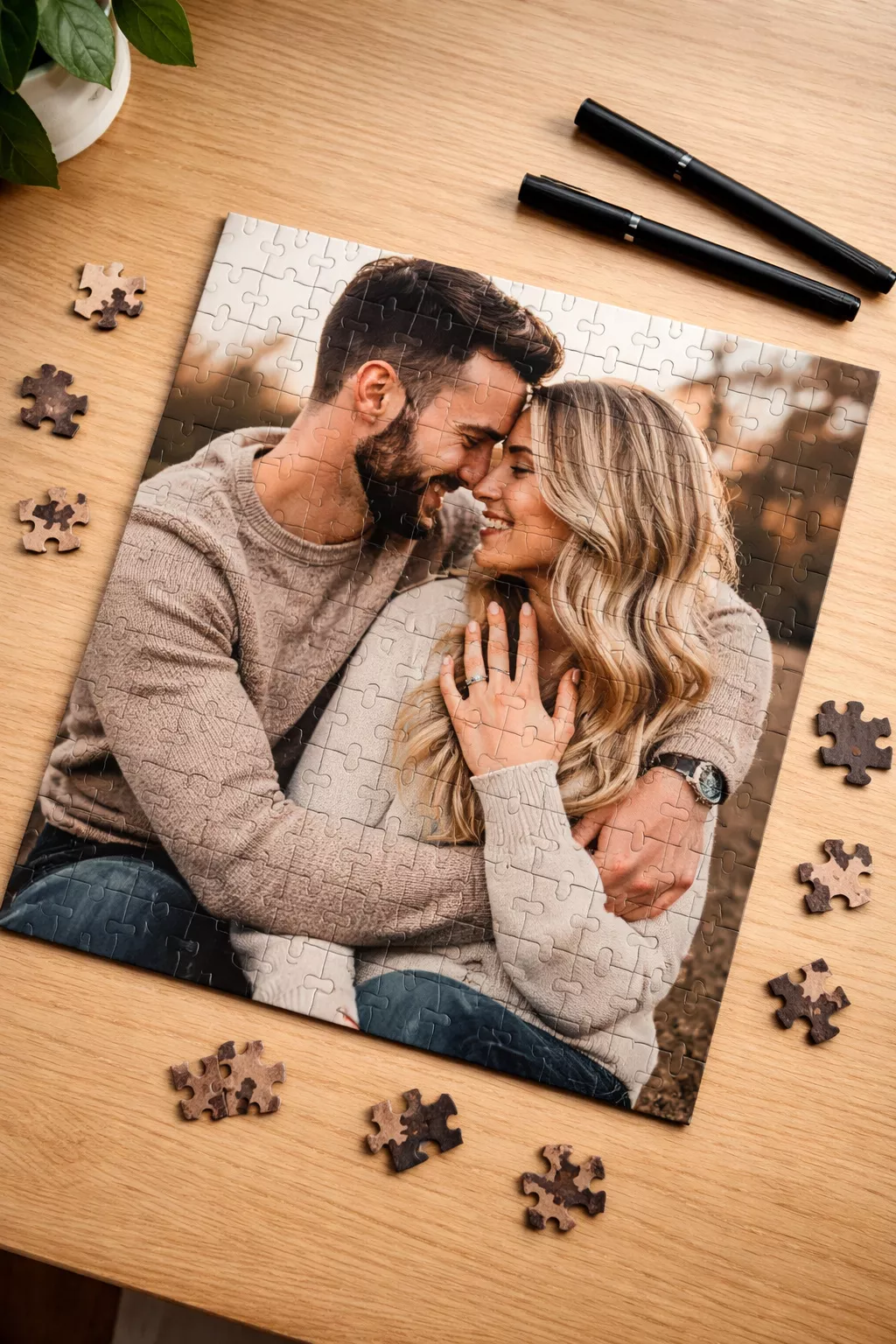 Puzzle Guestbook Alternative A realistic photo of a custom wooden jigsaw puzzle featuring a printed engagement photo, with several pieces scattered on a table next to black fine-line permanent markers.
