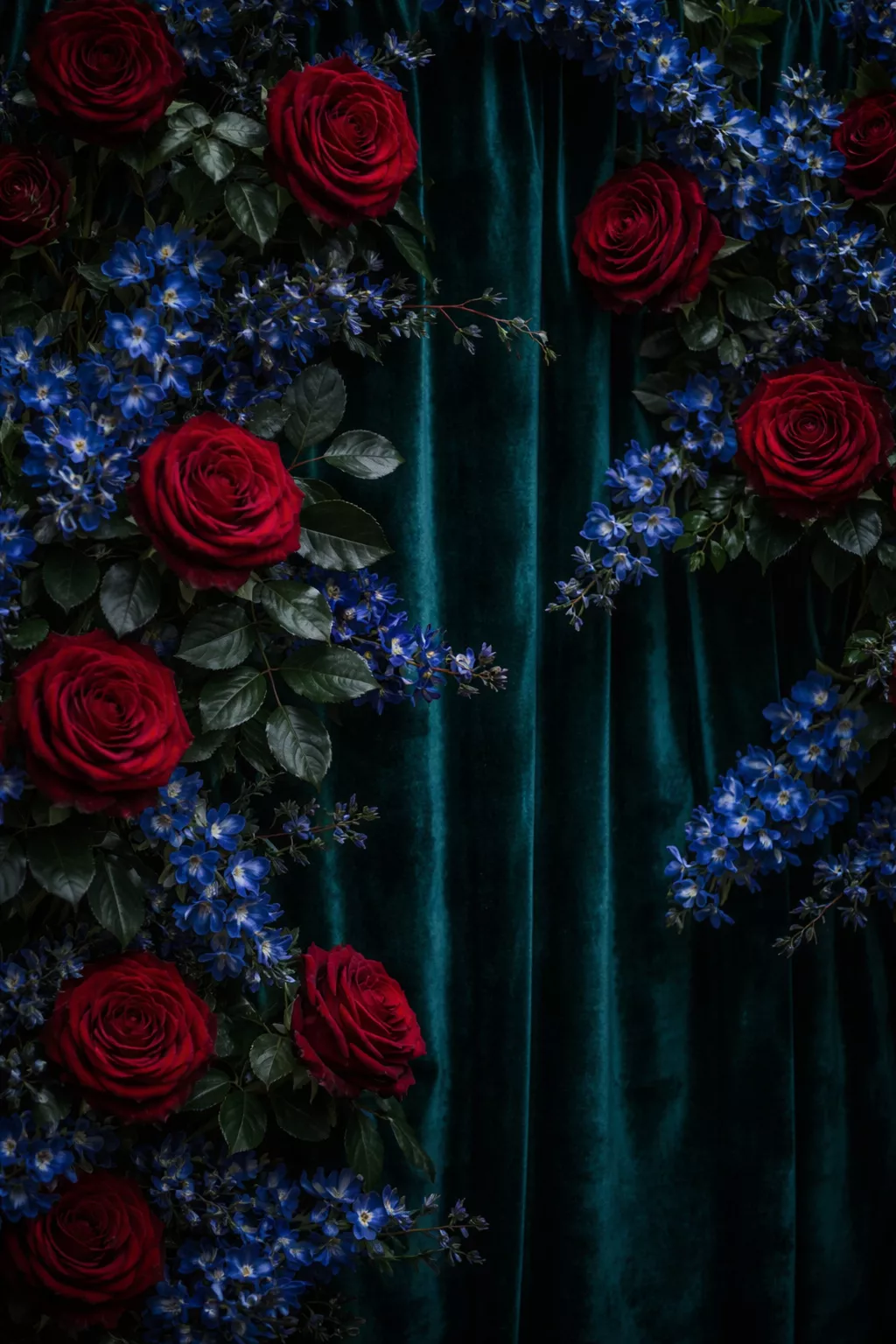 A realistic photo of a wall covered in dark emerald green velvet with deep red roses and sapphire blue flowers.