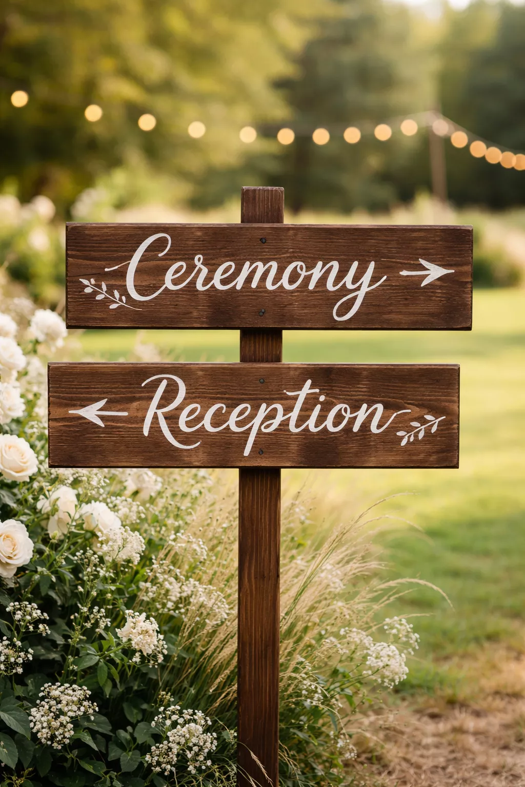 A realistic photo of a brown wooden directional sign with white calligraphy pointing toward the ceremony and reception.