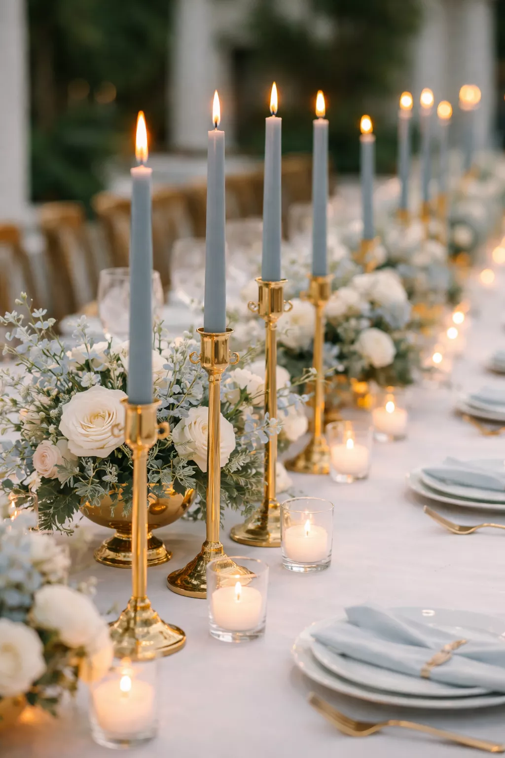 A realistic photo of gold taper candle holders with dusty blue candles and small glass votives on a long reception table