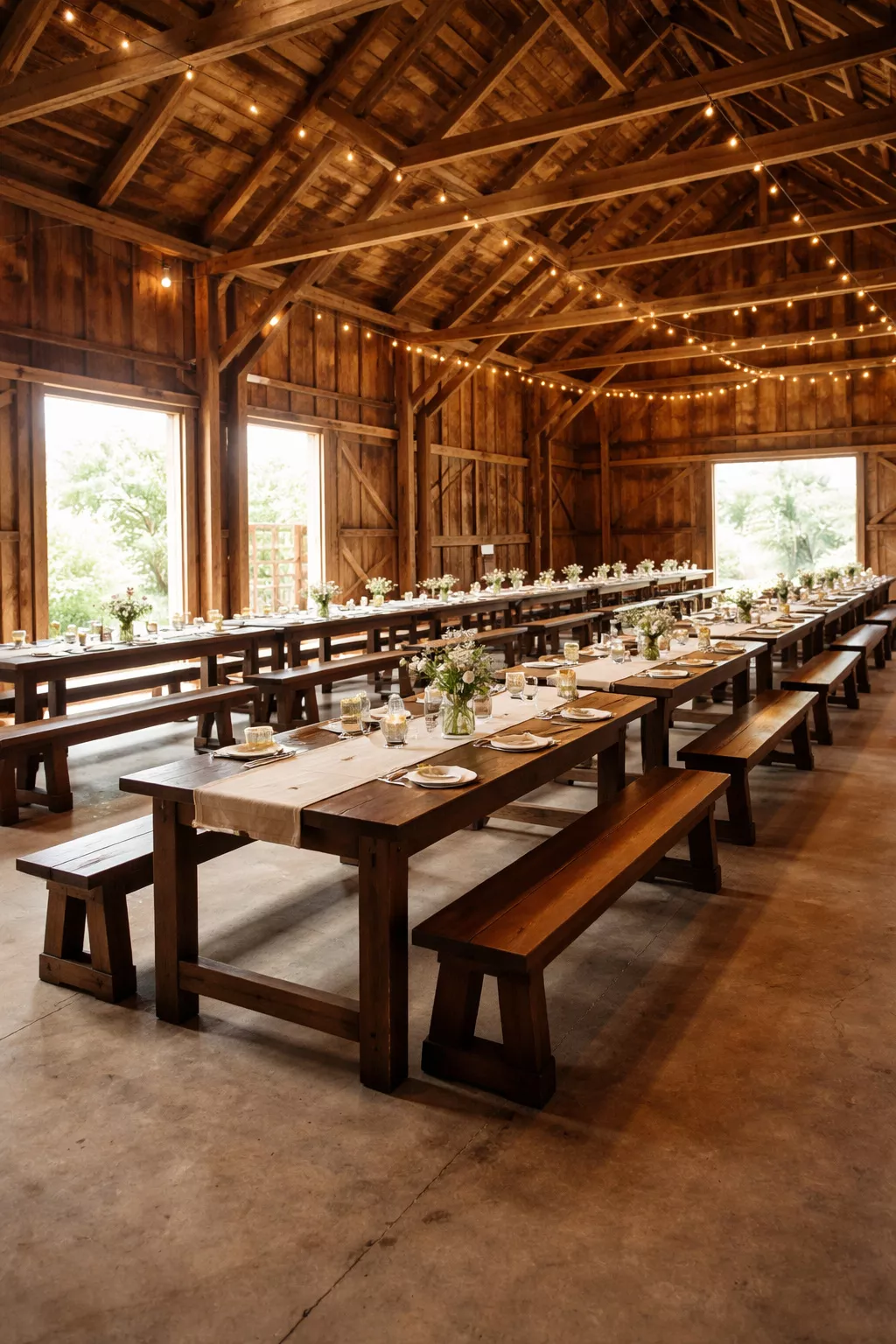 A realistic photo of several dark wood farm tables arranged in long rows with wooden benches on each side in a brightly lit barn.