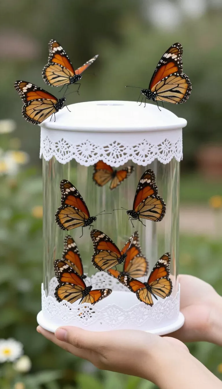 A realistic photo of several colorful monarch butterflies flying out of a white lace box held by a person in a garden.