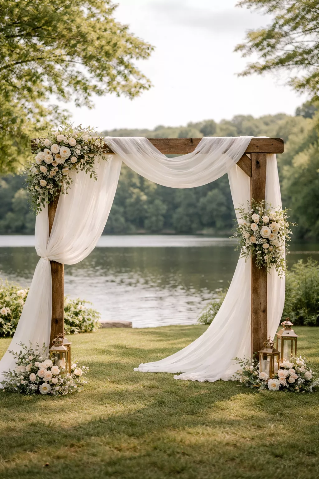 A realistic photo of long white chiffon fabric draped elegantly over a wooden outdoor wedding altar, flowing in a light breeze.