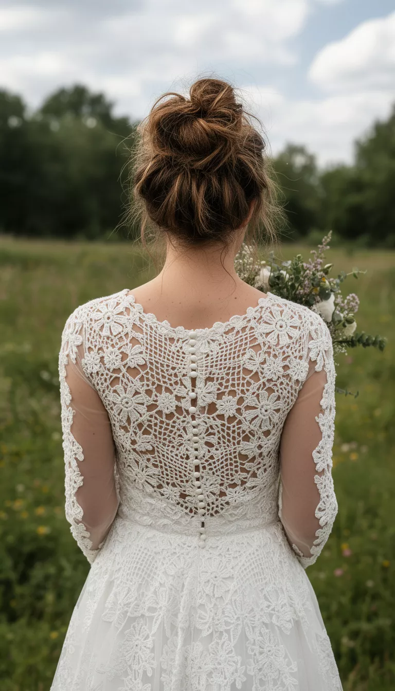 casual photo of a 27-year-old bride wearing a crochet lace bridal gown with a messy boho bun, back view, shot with an iPhone 15 Pro Max