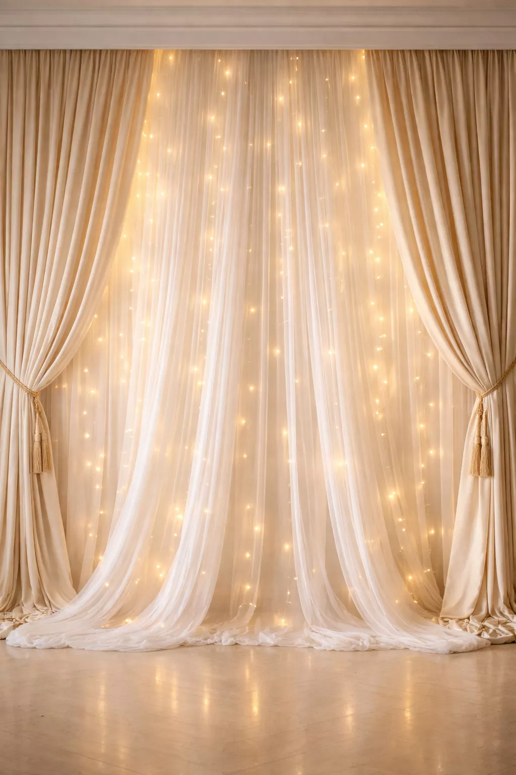 A realistic photo of ceiling to floor white chiffon drapes and cream velvet curtains with warm fairy lights glowing behind the fabric.