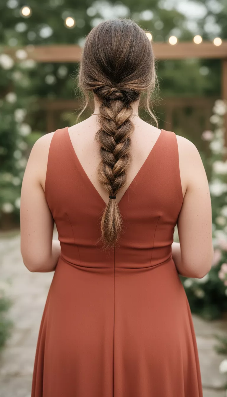 close-up casual photo of a 30-year-old wedding guest wearing a terracotta maxi dress with a fishtail braid, back view, shot with an iPhone 15 Pro Max