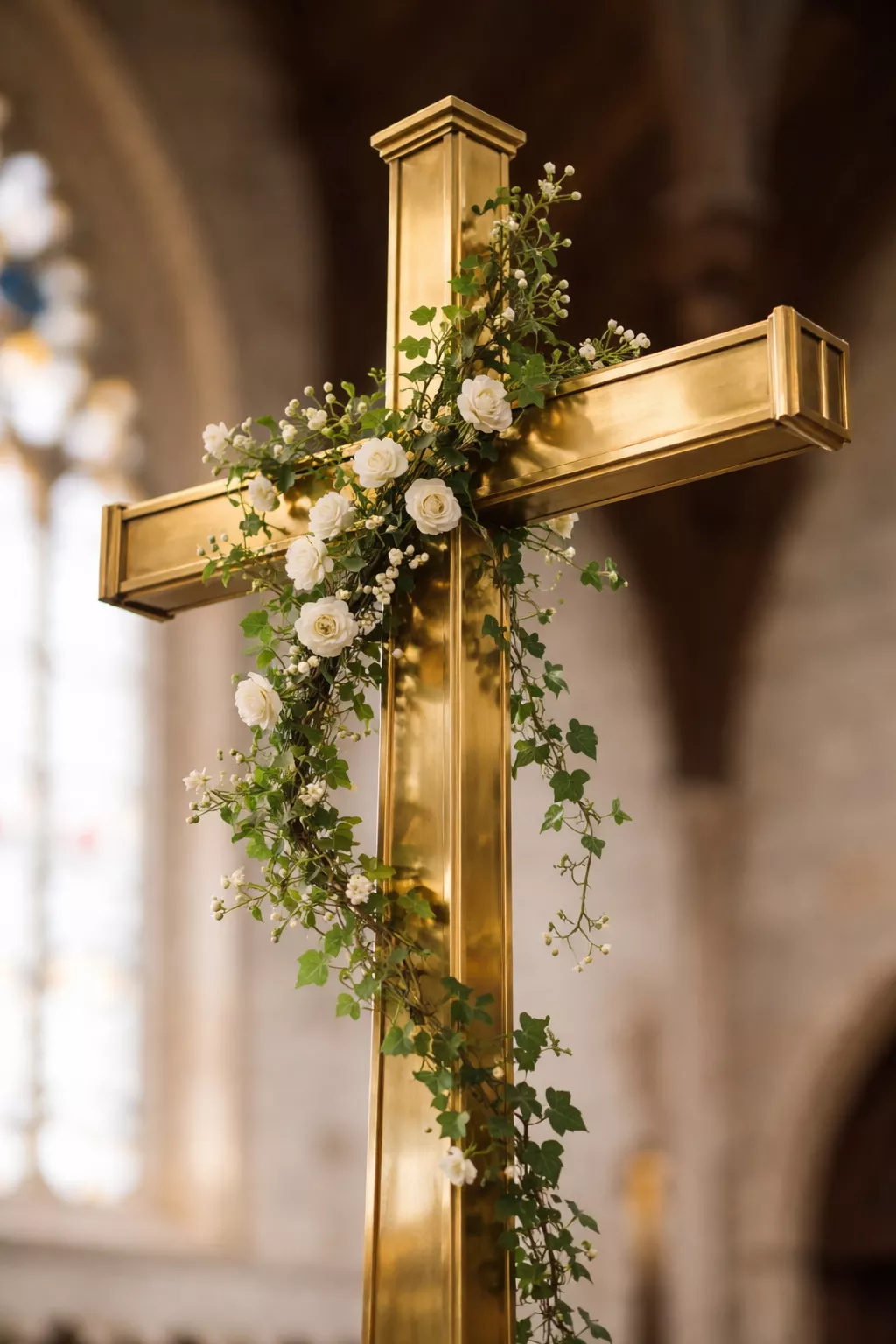A realistic photo of a large brass church cross delicately draped with a thin vine of green ivy and small white spray roses.