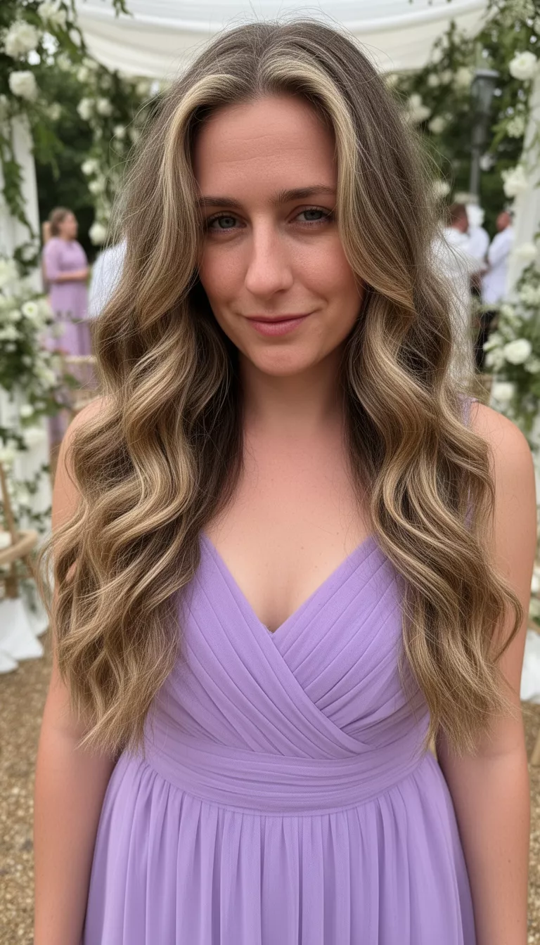 close-up casual photo of a 31-year-old wedding guest wearing a lavender chiffon dress with long textured waves, shot with an iPhone 15 Pro Max