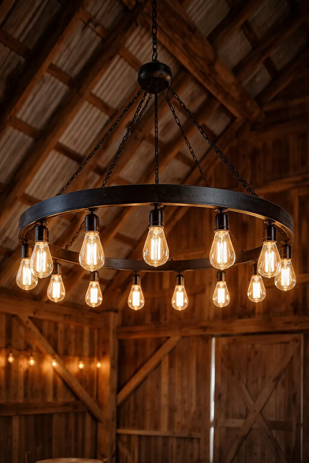Vintage Edison Bulb Chandeliers A realistic photo of an industrial chandelier made of circular black metal holding ten clear edison bulbs hanging from a barn ceiling.
