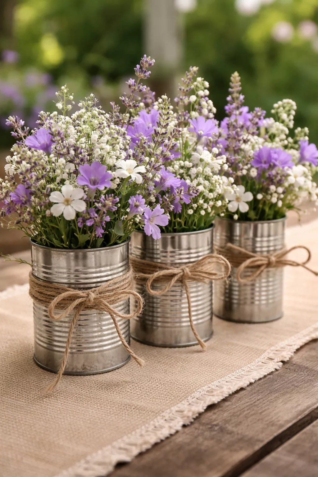 A realistic photo of silver tin cans wrapped in brown twine filled with purple and white wildflowers on a burlap runner.