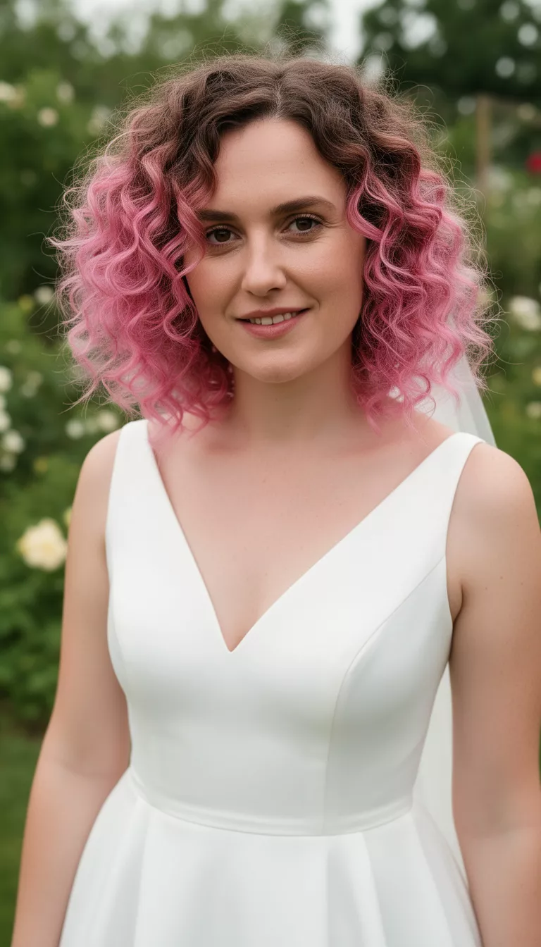 close-up casual photo of a 30-year-old bride wearing a simple white wedding dress with short curls dyed in a pink ombré style, shot with an iPhone 15 Pro Max