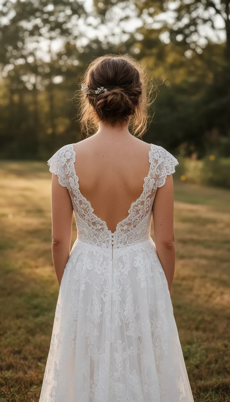 casual photo of a 31-year-old bride wearing a lace bohemian wedding dress with a messy pinned-up short hairstyle, back view, shot with an iPhone 15 Pro Max