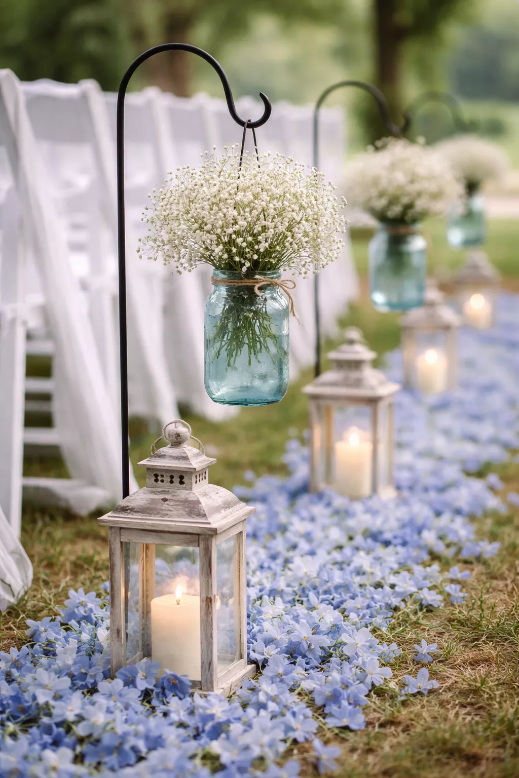 A realistic photo of wedding aisle markers featuring dusty blue glass jars filled with baby's breath and lanterns sitting on a bed of blue delphinium petals