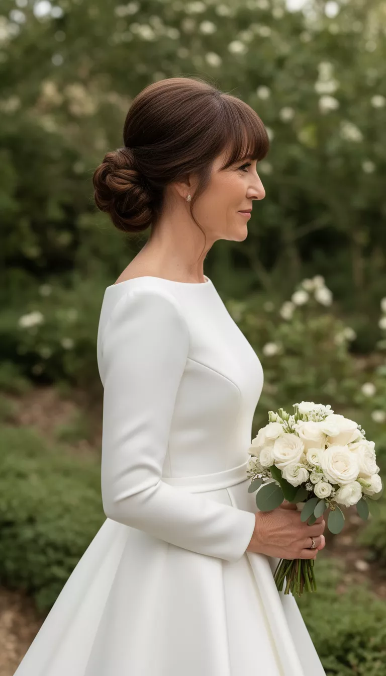 casual photo of a 45-year-old bride wearing a sophisticated boat neck gown with an Elegant Chignon with Baby Bangs, side view, shot with an iPhone 15 Pro Max