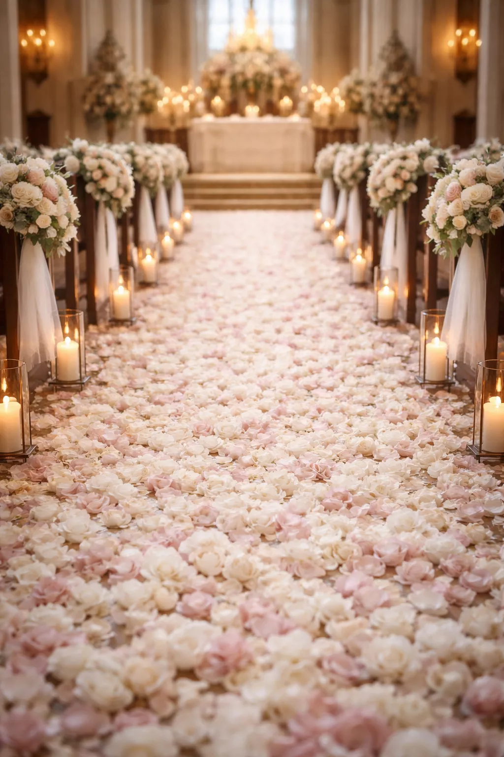 A realistic photo of a church aisle scattered heavily with white and blush pink rose petals creating a dense floral carpet on the floor.