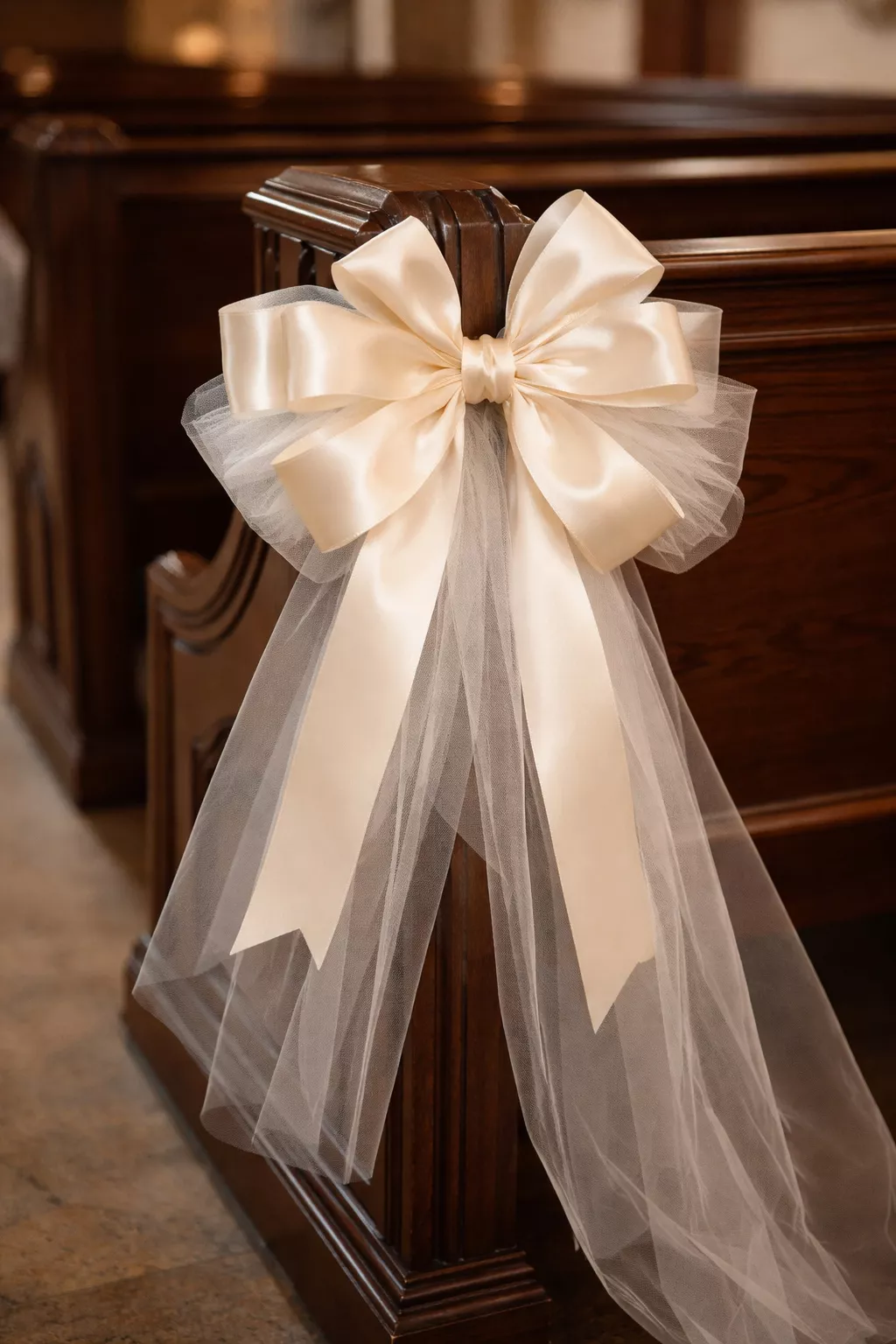A realistic photo of the end of a dark wood church pew featuring a large multi-layered bow made of heavy cream satin and sheer white tulle.