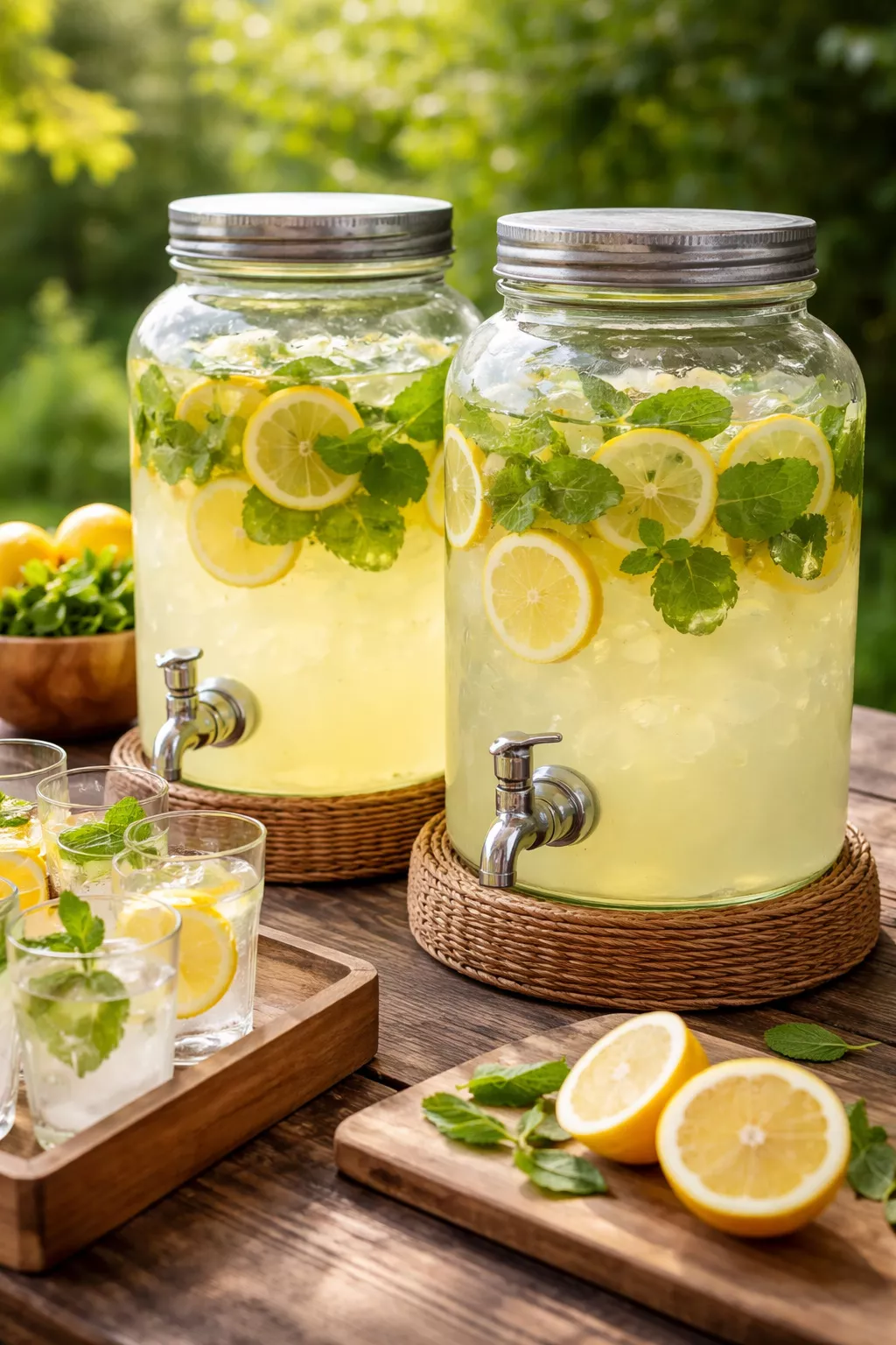 A realistic photo of large glass drink dispensers filled with yellow lemonade and fresh green mint leaves on a rustic wooden table.