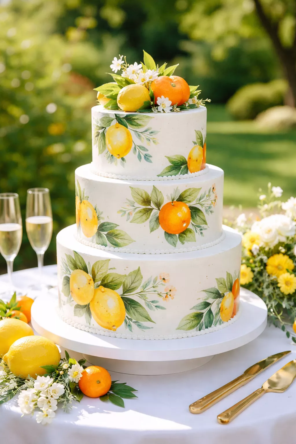 Citrus Illustration Cake A realistic photo of a tiered wedding cake with hand-painted illustrations of lemons and oranges, featuring vibrant colors and a clean white background, in a sunlit outdoor garden.